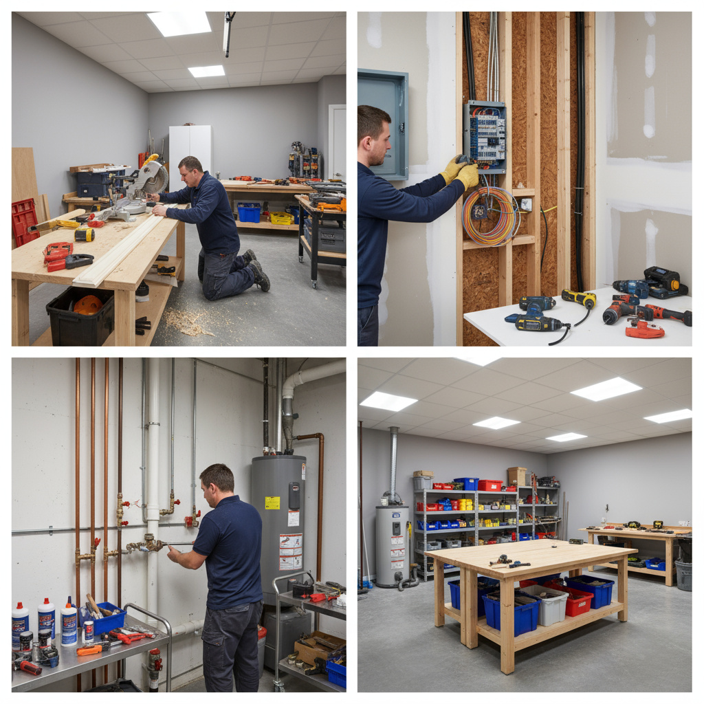 Collage verschiedener Handwerksarbeiten: Holz, Elektro, Sanitär